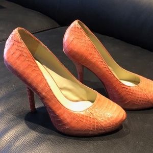 Elizabeth & James Coral Snakeskin Heels